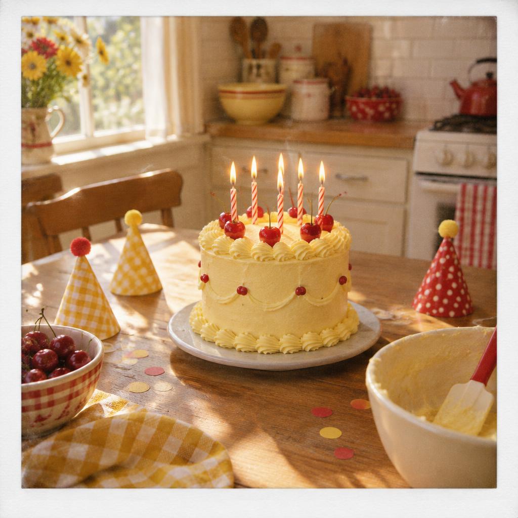 Butter yellow birthday cake with five candles