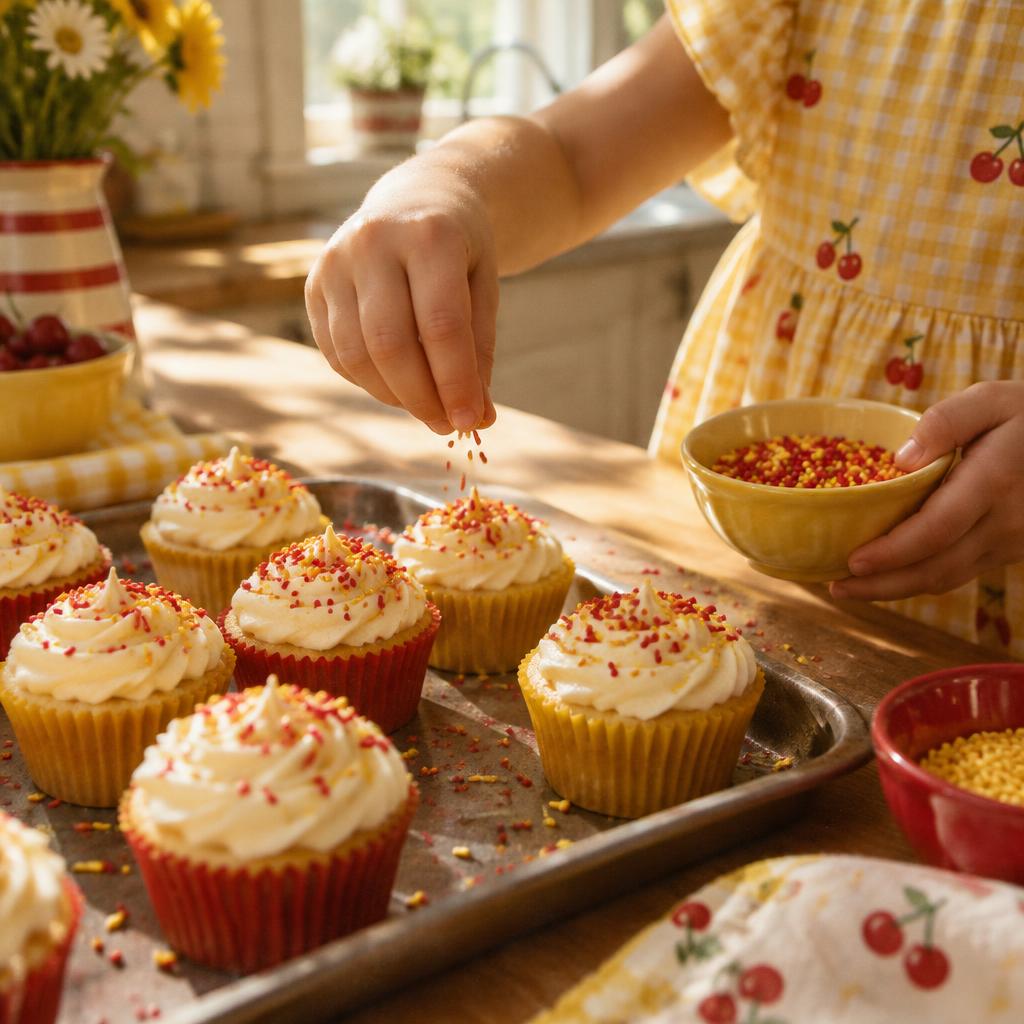Little baker adding sprinkles to cupcakes